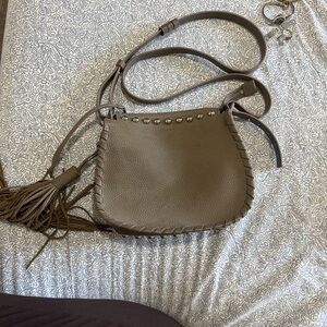 AllSaints Olive Taupe Leather Crossbody with Tassel and Studs